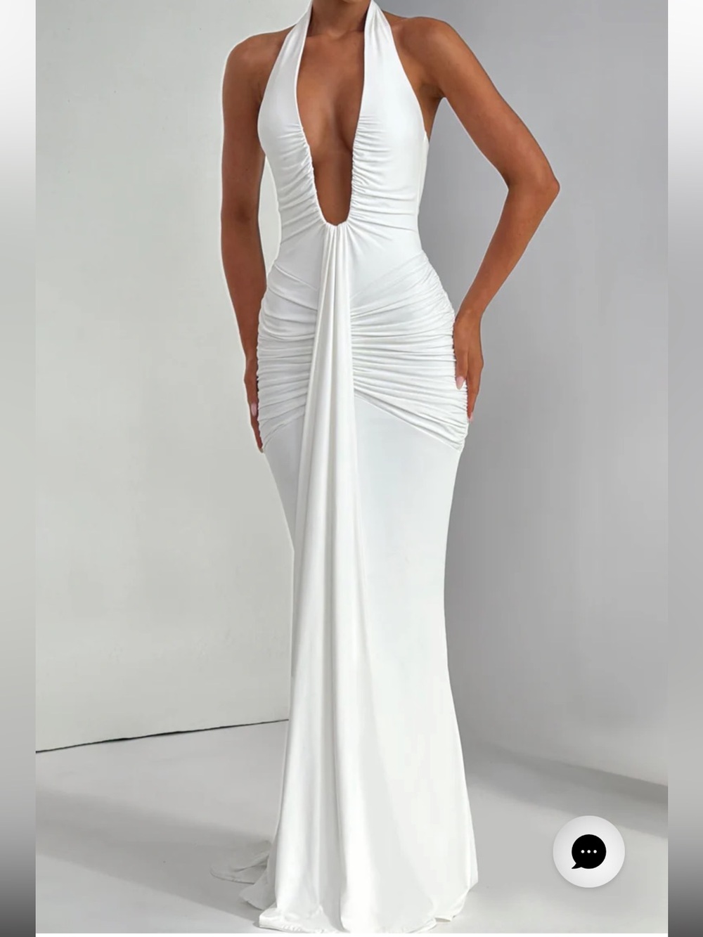 Elegant White Halter Plunge Evening Dress - Rosetta